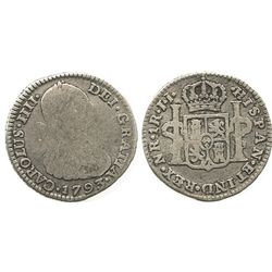 Bogota, Colombia, bust 1 real, Charles IV, 1793JJ.