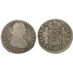 Bogota, Colombia, bust 1 real, Ferdinand VII (bust of Charles IV), 1819FJ, inverted J.