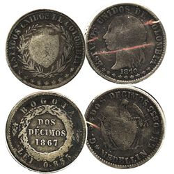 Lot of 2 Colombian 2 decimos: 1867 Bogota (5-point star) and 1870 Medellin.