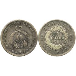 Bogota, Colombia, 1 decimo, 1866, one-year subtype with debased fineness (0.835).