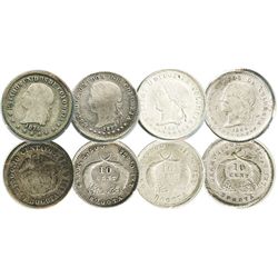 Lot of 4 Bogota, Colombia, 10 centavos: 1874, 1879, 1881 and 1884.