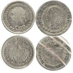 Lot of 2 Colombian 1/2 decimos: Bogota 1871 and Medellin 1872.