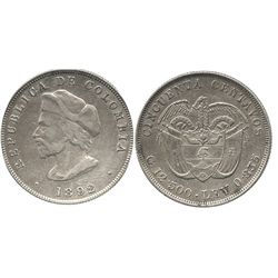 Bogota, Colombia, 50 centavos, 1892, Columbus, large bust (30.5 mm), scarcer variety.