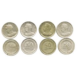 Lot of 4 Bogota, Colombia, 50 centavos, 1947/6 (3, one with medal axis) and 1948 (1).