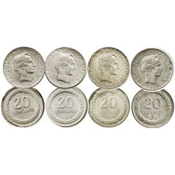 Lot of 4 Bogota, Colombia, 20 centavos: 1945 low B, 1946/5, 1948 B in upper wreath, and 1951.