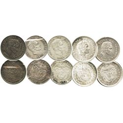 Lot of 5 Bogota, Colombia, 10 centavos: 1920, 1934 no B, 1941, 1942-B and 1942 no B (rare).