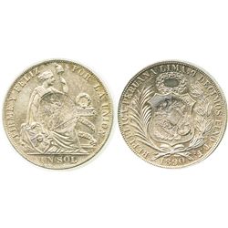 Guatemala, 1 peso,  1/2 real  counterstamp of 1894 on a Lima, Peru, 1 sol of 1890TF.