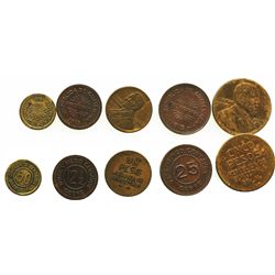 Lot of 5 copper and aluminum-bronze provisional coinage (full denomination set): 5 pesos 1923; 1 pes