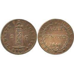 Haiti, copper 2 centimes, 1846 // AN43, local issue.