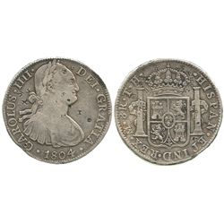 Mexico City, Mexico, bust 8 reales, Charles IV, 1804TH, with chopmarks as from circulation in the Or