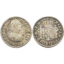 Mexico City, Mexico, bust 1/2 real, Charles IV, 1800FM.