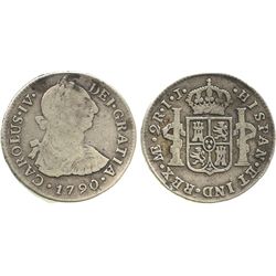 Lima, Peru, bust 2 reales, Charles IV transitional (bust of Charles III, ordinal IV), 1790IJ.