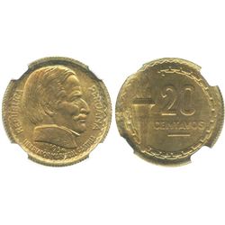 Peru, copper-nickel 20 centavos, 1954, President Castilla, encapsulated NGC MS 64.