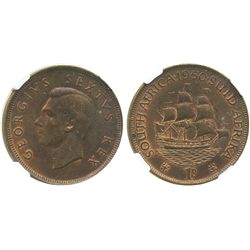 South Africa, copper penny, George VI, 1950, encapsulated NGC MS 64 BN.