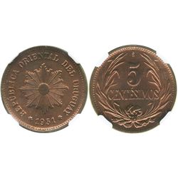 Uruguay (struck in Santiago, Chile), copper 5 centesimos, 1951-So, encapsulated NGC MS 64 RB.