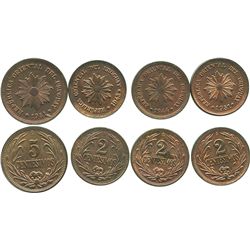 Lot of 4 Uruguay copper minors: 5 centesimos 1951; 2 centesimos 1943, 1944 and 1951.