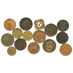 Lot of 15 Canadian Maritime Provinces copper/brass merchant tokens, dated 1840-1857.