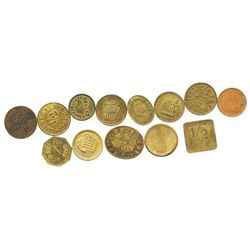 Lot of 13 German copper/brass beer tokens, mid-1800s to mid-1900s.