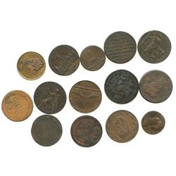 Lot of 14 British copper halfpenny tokens, dated 1791-1797.