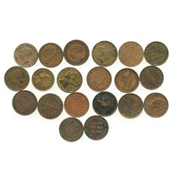 Lot of 20 British copper/brass merchant tokens, mostly "unofficial farthings" of ca. 1840-1870.