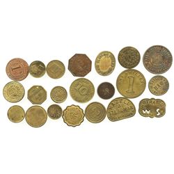 Lot of 21 British copper/brass merchant tokens, ca. 1850-1899.