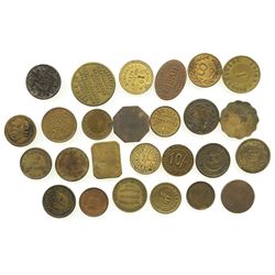 Lot of 26 British copper/brass merchant tokens, ca. 1850-1899.