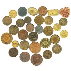 Lot of 31 British copper/brass merchant tokens, ca. 1850-1899.