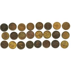 Lot of 24 Irish copper/brass "unofficial farthing" tokens, ca. 1840-1890.