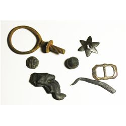 Lot of 6 cuprous objects (buckle, spur, stylus, knob, etc) plus a brass loop-screw from a later wrec