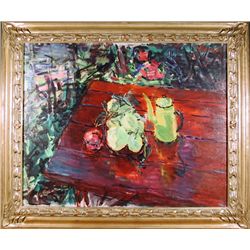 Dimitrie Berea, Fruit in Yellow Bowl on Red Table, Oil Painting