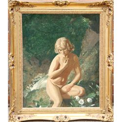 John Bulloch Souter, Seated Nude by Waterfall, Oil Painting