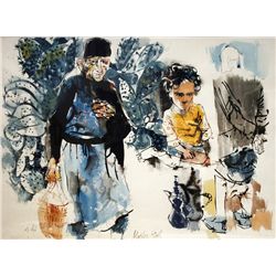 Moshe Gat, Men and Boy with Cacti, Gouache and Watercolor Painting