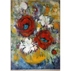 Louise August, Mums and Poppies in a Yellow Bowl, Monotype