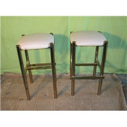 2 Brass Bar Stools W/ White Cushion