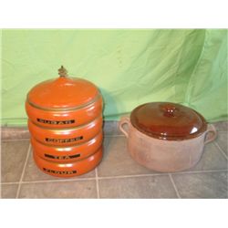 Bee Hive Canister & Clay Crock W/ Lid