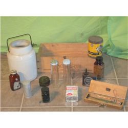 Small Wooden Box With Vintage Bottles And Tins