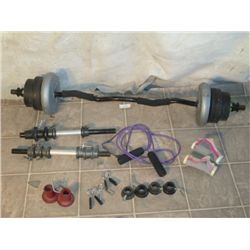 Misc Weights On Curl Bar, With Misc Workout Pieces