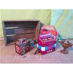 Coca-cola Box W/ Childs Accordion, & Knick-knacks