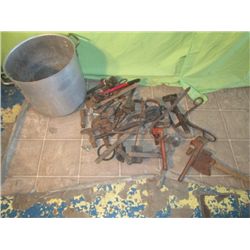 Large Pot Full Of Antique Tools, Climbing Hooks,