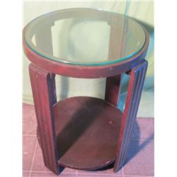 Circular Glass Topped Small Wood Side Table