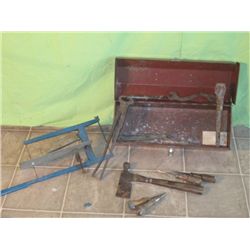 Hand Powered Jig Saw & Tool Box W/  Vintage Tools