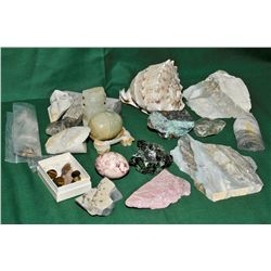 Box of semi precious stones, sea shell, etc