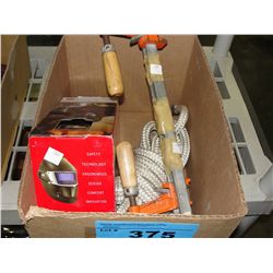 Box of misc; 2 furniture clamps, length of rope