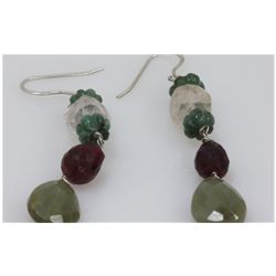 NATURAL 40.20 CTW EMERALD, RUBY SEMIPRECIOUS EARRINGS .