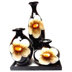 DECORATIVE FLORAL CLAY CANDLE VASES SET