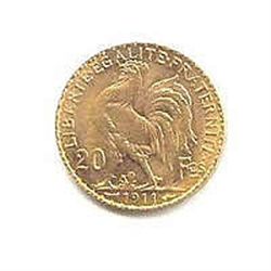 French 20 Franc Rooster Gold Coin, 1906-1914