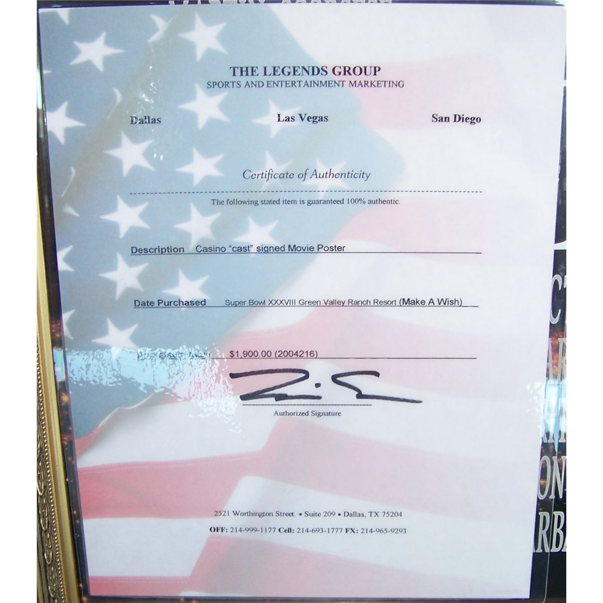 RARE SIGNED "CASINO" MOVIE POSTER W/ C.O.A , CUSTOM FRAMED.