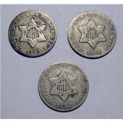 (3) THREE CENT SILVERS 1851 VG/F, 1852 VG/F, 1853 FINE, EST. $100.00-$115.00