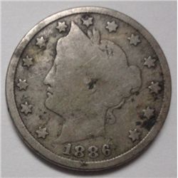 1886  V nickel  full rim Good +