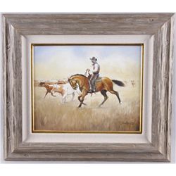 Original Oil on Canvas by Robert HoskinsDepicting a cowboy herding cattle, signed  lower left corner